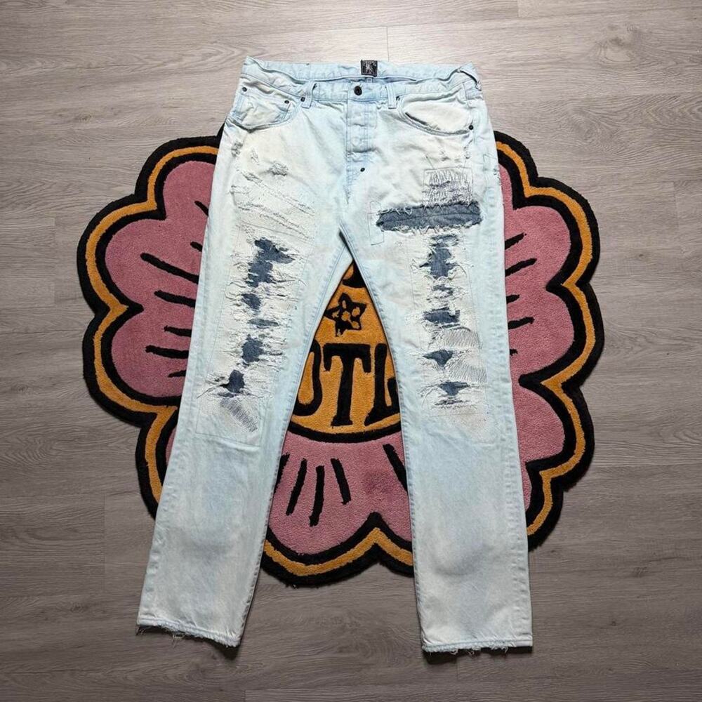 PRPS Demon Slim Fit Distressed Patchwork Repaired Denim Jeans Size 38 Light Blue